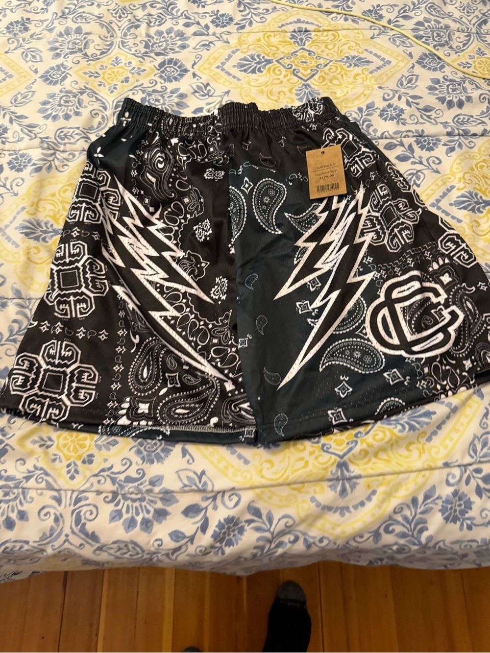 Corrupted Creative Black Bandana-Print Men’s Shorts with Lightning Detail